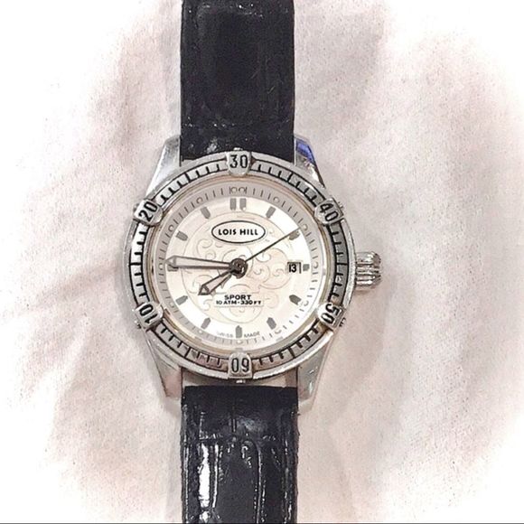 LOIS HILL Round White Face Scroll Embellished Sport Watch w/ Black Leather Band main image 4